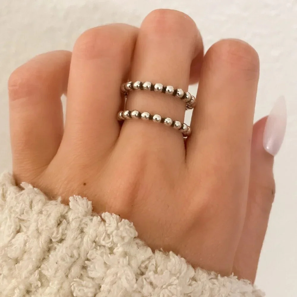 925 Sterling Silver Minimalist Bead Double Layer Ring Stackable Ring